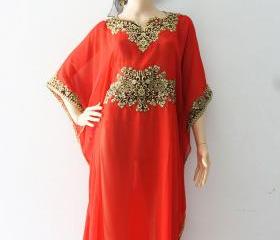 Moroccan Red Chiffon Caftan Gold Embroidery Dubai Abaya Maxi Dress ...