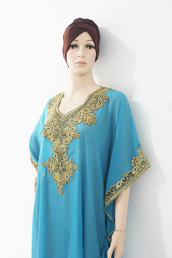 Women's Moroccan Abaya Kaftan - Blue Beige Stripe