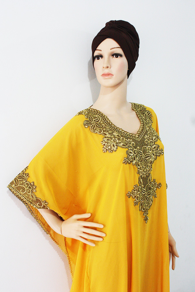 Moroccan Yellow Chiffon Caftan Gold Embroidery Dubai Abaya Maxi Dress For Women On Luulla 8824