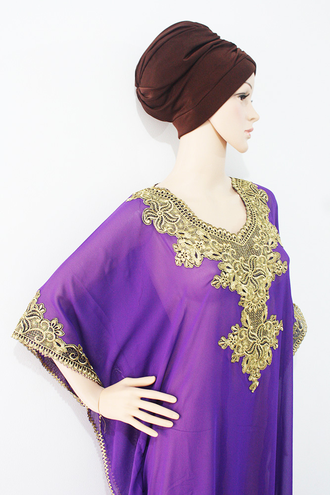 Moroccan Purple Chiffon Caftan Gold  Embroidery Dubai Abaya  