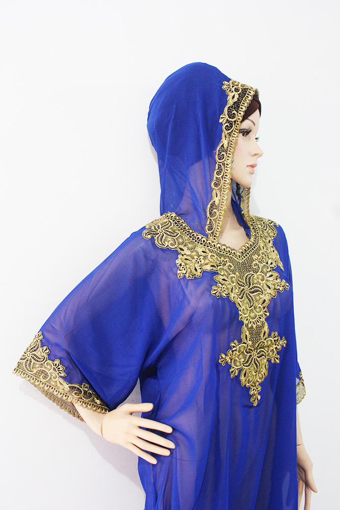 Moroccan Hoodie Blue Chiffon Caftan Gold Embroidery Dubai Abaya Maxi