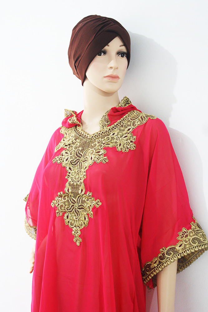 Moroccan Hoodie Pink Chiffon Caftan Gold Embroidery Dubai Abaya Maxi
