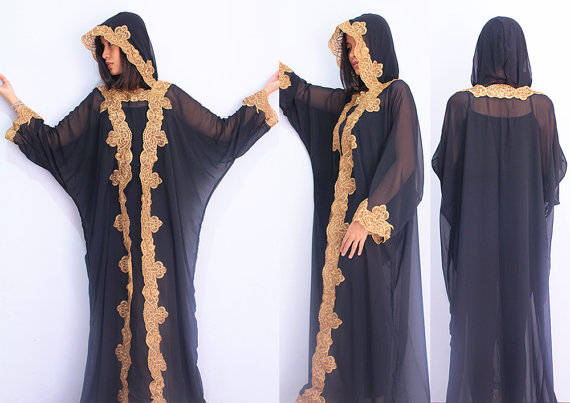 Moroccan Blak Sheer Chiffon Hoodie Caftan FULL Gold Embroidery Dubai ...