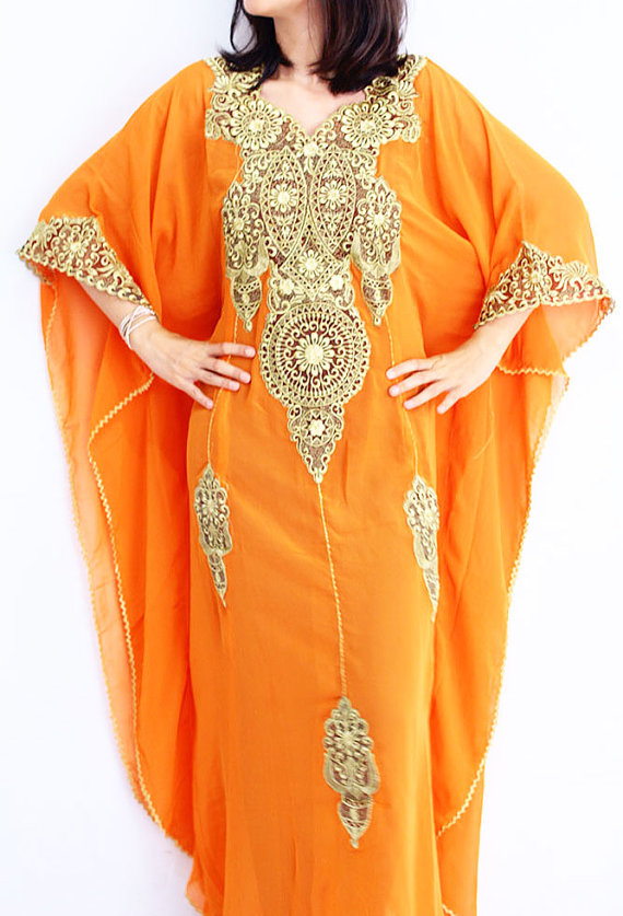 Moroccan Sheer Chiffon Kaftan Gold Embroidery Chain Pattern Dubai Abaya