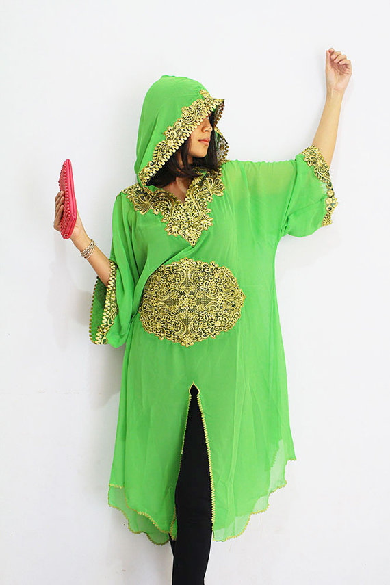 Moroccan Hoodie Chiffon Caftan Dress Gold Embroidery Dubai Abaya Tunic