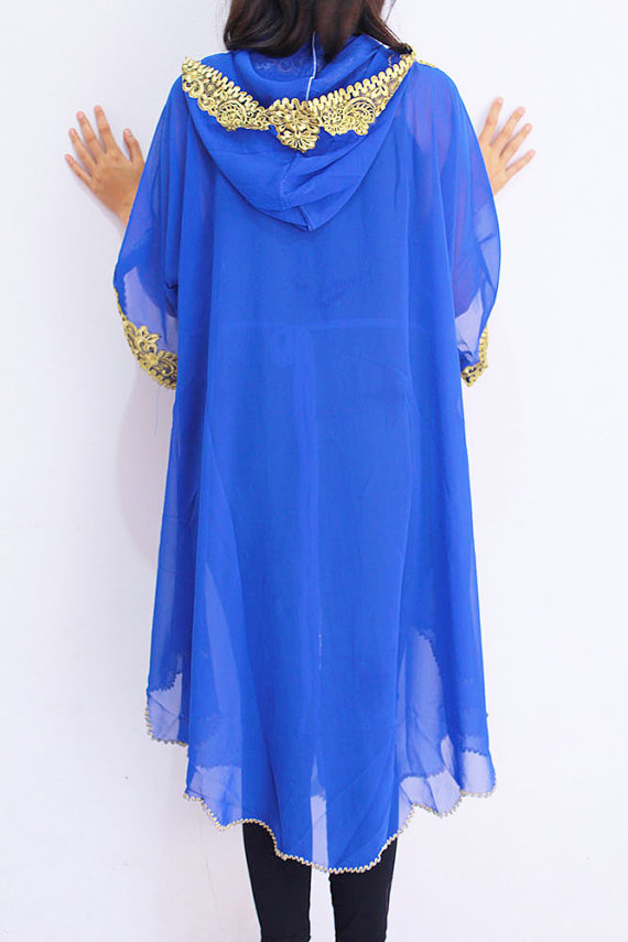Moroccan Hoodie Chiffon Caftan Dress Gold Embroidery Dubai Abaya Tunic