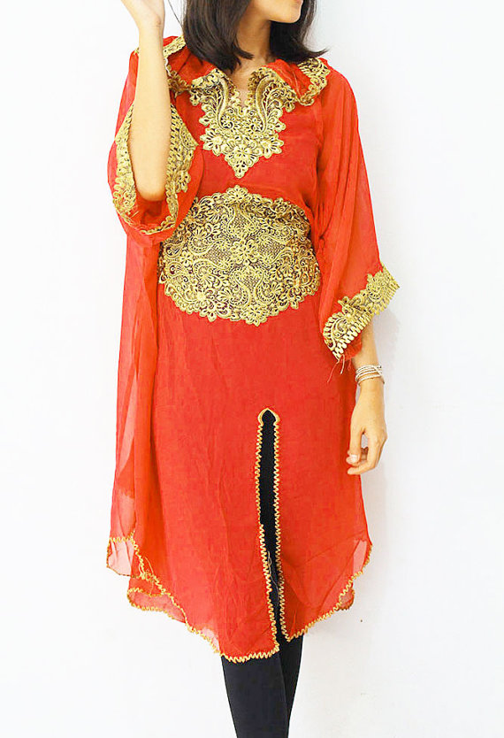 Moroccan Hoodie Chiffon Caftan Dress Gold Embroidery Dubai Abaya Tunic