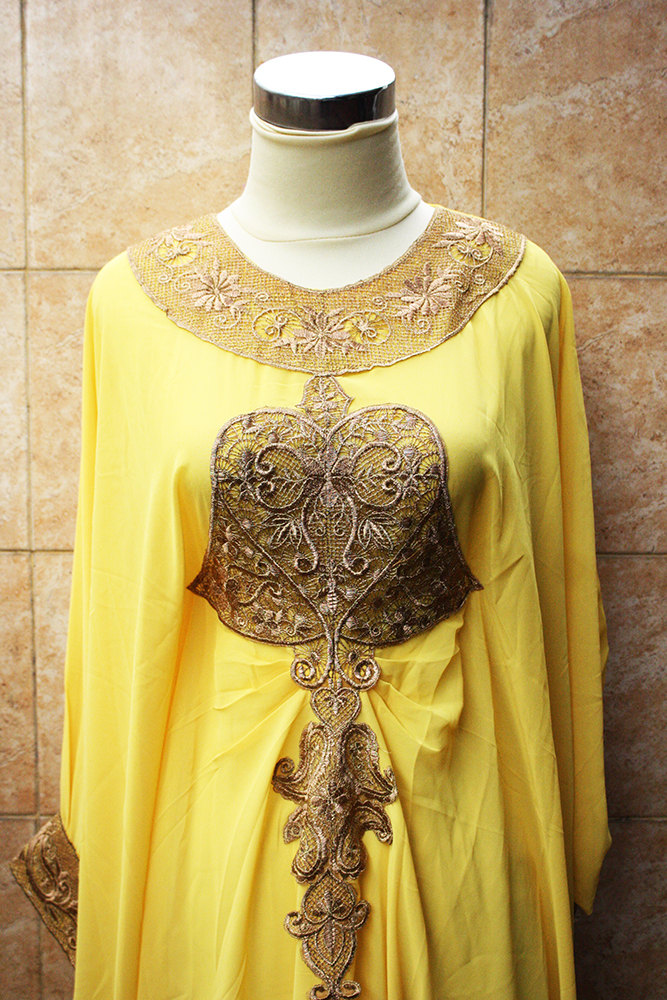 Yellow Moroccan Kaftan Dubai Style Gold Embroidery Abaya Maxi Dress Farasha Hijab Jalabiya