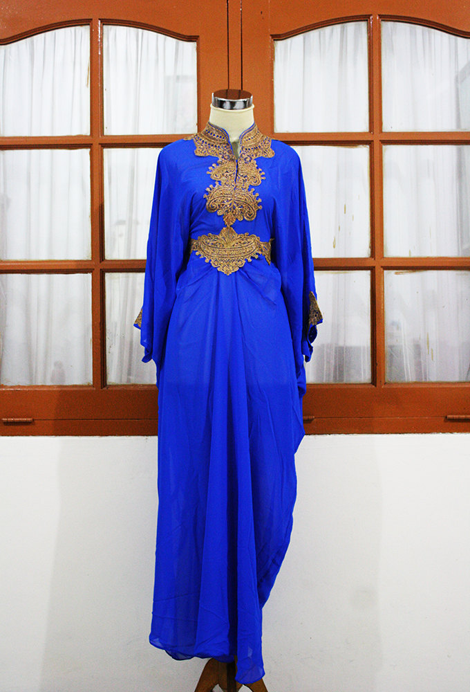 Elegant Electric Blue Moroccan Kaftan Dubai Style Gold Embroidery Elegant Electric Blue Moroccan Kaftan Dubai Style Gold Embroidery Abaya Maxi Dress Farasha Hijab Jalabiya
