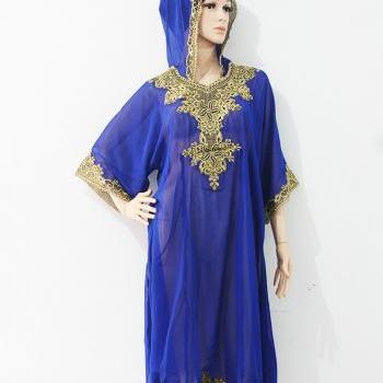 Moroccan Hoodie Blue Chiffon Caftan Gold Embroidery Dubai Abaya Maxi ...