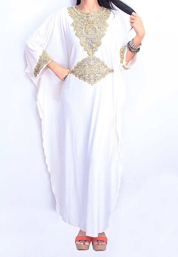 Moroccan Elegant White Spandex Caftan Gold Embroidery Sequin Dubai Abaya Maxi Dress Jalabiya On 4887